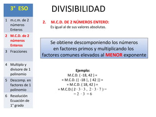 DIVISIBILIDAD3° ESO
1 m.c.m. de 2
números
Enteros
2 M.C.D. de 2
números
Enteros
3 Fracciones
4 Multiplo y
divisore de 1
polinomio
5 Descomp. en
factores de 1
polinomio
6 Resolución
Ecuación de
1° grado
2. M.C.D. DE 2 NÚMEROS ENTERO:
Es igual al de sus valores absolutas.
Se obtiene descomponiendo los números
en factores primos y multiplicando los
factores comunes elevados al MENOR exponente
Ejemplo:
M.C.D. ( -18, 42 ) =
= M.C.D. (| -18 |, | 42 |) =
= M.C.D. ( 18, 42 ) =
= M.C.D.( 2 ∙ 3 ∙ 3 , 2 ∙ 3 ∙ 7 ) =
= 2 ∙ 3 = 6
 