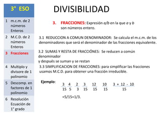 DIVISIBILIDAD3° ESO
1 m.c.m. de 2
números
Enteros
2 M.C.D. de 2
números
Enteros
3 Fracciones
4 Multiplo y
divisore de 1
polinomio
5 Descomp. en
factores de 1
polinomio
6 Resolución
Ecuación de
1° grado
3. FRACCIONES: Expresión a/b en la que a y b
son números entero.
3.1 REDUCCION A COMUN DENOMINADOR: Se calcula el m.c.m. de los
denominadores que será el denominador de las fracciones equivalente.
3.2 SUMAS Y RESTA DE FRACCIÓNES: Se reducen a común
denominador
y después se suman y se restan
3.3 SIMPLIFICACION DE FRACCIONES: para simplificar las fracciones
usamos M.C.D. para obtener una fracción irreducible.
Ejemplo:
3 4 2 3 12 10 3 + 12 - 10
15 5 3 15 15 15 15
=5/15=1/3.
 