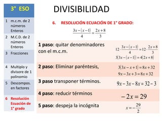 DIVISIBILIDAD3° ESO
1 m.c.m. de 2
números
Enteros
2 M.C.D. de 2
números
Enteros
3 Fracciones
4 Multiplo y
divisore de 1
polinomio
5 Descompos.
en factores
6 Resolución
Ecuación de
1° grado
6. RESOLUCIÓN ECUACIÓN DE 1° GRADO:
1 paso: quitar denominadores
con el m.c.m.
2 paso: Eliminar paréntesis,
3 paso transponer términos.
4 paso: reducir términos
5 paso: despeja la incógnita
( )
3
82
4
13 +
=
−− xxx
( )
( )( ) ( )824133
3
82
12
4
13
12
+=−−
+
⋅=
−−
⋅
xxx
xxx
( )
328339
328133
+=+−
+=+−
xxx
xxx
332839 −=−− xxx
292 =− x
2
29
−=x
 