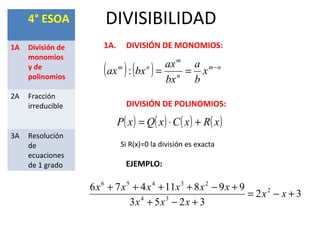 DIVISIBILIDAD4° ESOA
1A División de
monomios
y de
polinomios
2A Fracción
irreducible
3A Resolución
de
ecuaciones
de 1 grado
1A. DIVISIÓN DE MONOMIOS:
( ) ( ) nm
n
m
nm
x
b
a
bx
ax
bxax −
==:
DIVISIÓN DE POLINOMIOS:
( ) ( ) ( ) ( )xRxCxQxP +⋅=
Si R(x)=0 la división es exacta
32
3253
99811476 2
34
23456
+−=
+−+
+−++++
xx
xxx
xxxxxx
EJEMPLO:
 
