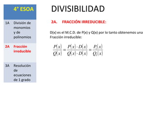 DIVISIBILIDAD4° ESOA
1A División de
monomios
y de
polinomios
2A Fracción
irreducible
3A Resolución
de
ecuaciones
de 1 grado
2A. FRACCIÓN IRREDUCIBLE:
( )
( )
( ) ( )
( ) ( )
( )
( )xQ
xP
xDxQ
xDxP
xQ
xP
1
1
=
⋅
⋅
=
D(x) es el M.C.D. de P(x) y Q(x) por lo tanto obtenemos una
Fracción irreducible:
 