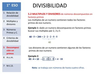 DIVISIBILIDAD1° ESO
1 Relación de
divisibilidad
2 Múltiplos y
divisores
3 Números
Primos y C.
4 Criterios de
divisibilidad
5 Descomposi
ción en
primos
6 m.c.m.
7 M.C.D.
Nota: se trabaja con números de hasta cuatro cifras.
5.2 MULTIPLOS Y DIVISORES de números descompuestos en
factores primos
Ejemplo 1: dado un numero descompuesto en factores primos
buscar sus múltiplos por 2, 3 y 5
40 ∙ 5 = 200 = 2 ∙ 2 ∙ 2 ∙ 5 ∙ 5
Los múltiplos de un numero contienen todos los factores
primos de ese numero.
40
Ejemplo 2:
40 : 4 = 10 → 2 ∙ 2 ∙ 2 ∙ 5 = 4 ∙ 10
Los divisores de un numero contienen algunos de los factores
primos de ese numero.
 