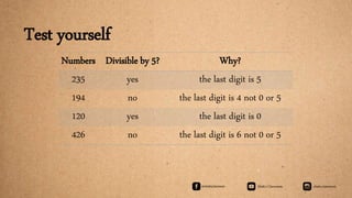 Numbers Divisible by 5? Why?
235 yes the last digit is 5
194 no the last digit is 4 not 0 or 5
120 yes the last digit is 0
426 no the last digit is 6 not 0 or 5
Test yourself
 