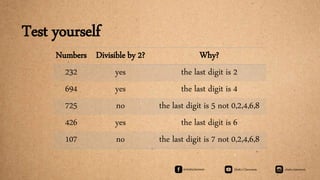 Numbers Divisible by 2? Why?
232 yes the last digit is 2
694 yes the last digit is 4
725 no the last digit is 5 not 0,2,4,6,8
426 yes the last digit is 6
107 no the last digit is 7 not 0,2,4,6,8
Test yourself
 