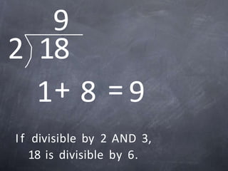 2 18
1+ 8 = 9
9
If divisible by 2 AND 3,
18 is divisible by 6.
 