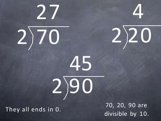 2 90
They all ends in 0.
27
2 70
45
4
2 20
70, 20, 90 are
divisible by 10.
 