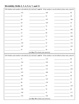 Divisibility Drills 2, 3, 4, 5, 6, 7, and 11
Tell whether each number is divisible by 2, 3, 4, 5, 6, 7, and 11. If the number is not divisible by these rules, enter Ø.
_____________________ 153
_____________________ 31
_____________________ 64
_____________________ 24
_____________________ 83
_____________________ 36
_____________________ 12
_____________________ 19
_____________________ 21
_____________________ 139
_____________________ 107
_____________________ 47
_____________________ 149
_____________________ 55
_____________________ 147
_____________________ 129
_____________________ 75
_____________________ 35
_____________________ 60
_____________________ 72
_____________________ 51
_____________________ 16
_____________________ 57
_____________________ 30
_____________________ 92
_____________________ 28
_____________________ 106
_____________________ 32
_____________________ 81
_____________________ 102
_____________________ 101
_____________________ 168
_____________________ 115
_____________________ 112
_____________________ 122
_____________________ 56
Tell whether each number is divisible by 2, 3, 4, 5, 6, 7, and 11. If the number is not divisible by these rules, enter Ø.
_____________________ 71
_____________________ 134
_____________________ 23
_____________________ 90
_____________________ 155
_____________________ 138
_____________________ 49
_____________________ 86
_____________________ 69
_____________________ 150
_____________________ 158
_____________________ 116
_____________________ 114
_____________________ 159
_____________________ 152
_____________________ 131
_____________________ 109
_____________________ 87
_____________________ 135
_____________________ 119
_____________________ 97
_____________________ 74
_____________________ 15
_____________________ 126
_____________________ 66
_____________________ 63
_____________________ 111
_____________________ 165
_____________________ 22
_____________________ 95
_____________________ 13
_____________________ 27
_____________________ 125
_____________________ 85
_____________________ 117
_____________________ 166
[use Key 17 to check your answers]
[use Key 18 to check your answers]
 