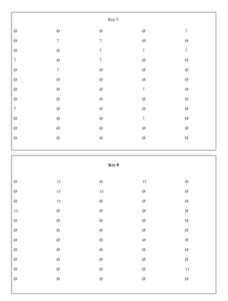 Apply the divisibility rule for 7. If the number is divisible by 7, write 7. If the number is not divisible by 7, enter Ø.
Ø
Ø
Ø
7
Ø
Ø
Ø
Ø
7
Ø
Ø
Ø
Ø
7
Ø
Ø
7
Ø
Ø
Ø
Ø
Ø
Ø
Ø
Ø
7
7
7
Ø
Ø
Ø
Ø
Ø
Ø
Ø
Ø
Ø
Ø
7
Ø
Ø
Ø
7
Ø
Ø
7
Ø
Ø
7
Ø
7
Ø
Ø
Ø
Ø
Ø
Ø
Ø
Ø
Ø
Apply the divisibility rule for 11. If the number is divisible by 11, write 11. If the number is not divisible by 11,
enter Ø.
Ø
Ø
Ø
11
Ø
Ø
Ø
Ø
Ø
Ø
Ø
11
11
11
Ø
Ø
Ø
Ø
Ø
Ø
Ø
Ø
Ø
11
Ø
Ø
Ø
Ø
Ø
Ø
Ø
Ø
Ø
11
Ø
Ø
Ø
Ø
Ø
Ø
Ø
Ø
Ø
Ø
Ø
Ø
Ø
Ø
Ø
Ø
Ø
Ø
Ø
11
Ø
Key 5
Key 8
 