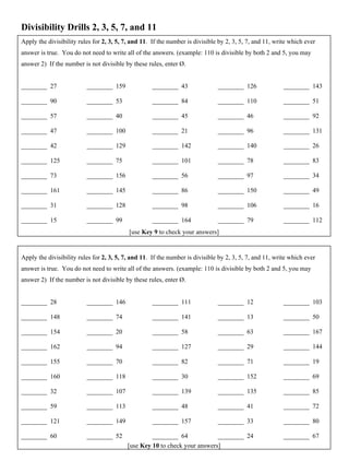 Divisibility Drills 2, 3, 5, 7, and 11
Apply the divisibility rules for 2, 3, 5, 7, and 11. If the number is divisible by 2, 3, 5, 7, and 11, write which ever
answer is true. You do not need to write all of the answers. (example: 110 is divisible by both 2 and 5, you may
answer 2) If the number is not divisible by these rules, enter Ø.
________ 27
________ 90
________ 57
________ 47
________ 42
________ 125
________ 73
________ 161
________ 31
________ 15
________ 159
________ 53
________ 40
________ 100
________ 129
________ 75
________ 156
________ 145
________ 128
________ 99
________ 43
________ 84
________ 45
________ 21
________ 142
________ 101
________ 56
________ 86
________ 98
________ 164
________ 126
________ 110
________ 46
________ 96
________ 140
________ 78
________ 97
________ 150
________ 106
________ 79
________ 143
________ 51
________ 92
________ 131
________ 26
________ 83
________ 34
________ 49
________ 16
________ 112
Apply the divisibility rules for 2, 3, 5, 7, and 11. If the number is divisible by 2, 3, 5, 7, and 11, write which ever
answer is true. You do not need to write all of the answers. (example: 110 is divisible by both 2 and 5, you may
answer 2) If the number is not divisible by these rules, enter Ø.
________ 28
________ 148
________ 154
________ 162
________ 155
________ 160
________ 32
________ 59
________ 121
________ 60
________ 146
________ 74
________ 20
________ 94
________ 70
________ 118
________ 107
________ 113
________ 149
________ 52
________ 111
________ 141
________ 58
________ 127
________ 82
________ 30
________ 139
________ 48
________ 157
________ 64
________ 12
________ 13
________ 63
________ 29
________ 71
________ 152
________ 135
________ 41
________ 33
________ 24
________ 103
________ 50
________ 167
________ 144
________ 19
________ 69
________ 85
________ 72
________ 80
________ 67
[use Key 9 to check your answers]
[use Key 10 to check your answers]
 