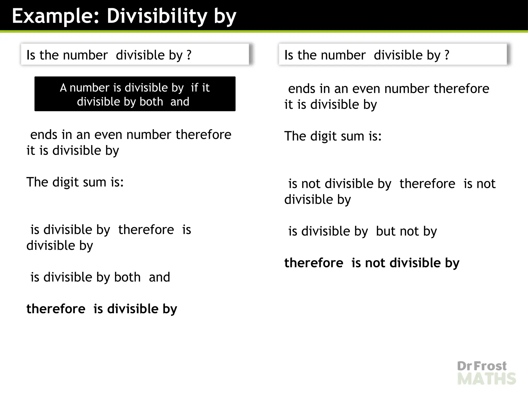 Example: Divisibility by
Is the number divisible by ?
ends in an even number therefore
it is divisible by
The digit sum is:
is divisible by therefore is
divisible by
is divisible by both and
therefore is divisible by
A number is divisible by if it
divisible by both and
Is the number divisible by ?
ends in an even number therefore
it is divisible by
The digit sum is:
is not divisible by therefore is not
divisible by
is divisible by but not by
therefore is not divisible by
 