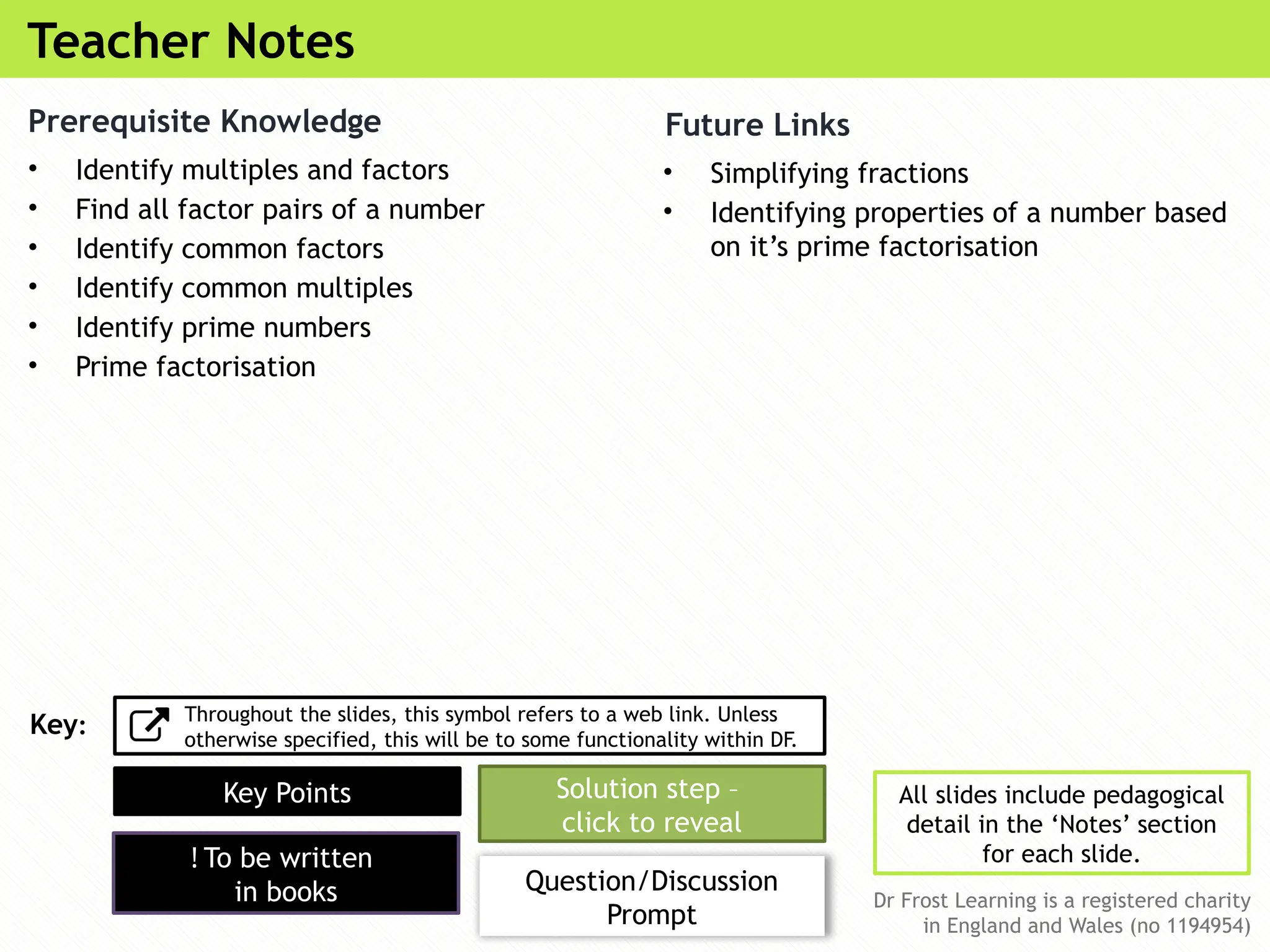 Teacher Notes
Dr Frost Learning is a registered charity
in England and Wales (no 1194954)
Key Points Solution step –
click to reveal
Question/Discussion
Prompt
Key:
! To be written
in books
All slides include pedagogical
detail in the ‘Notes’ section
for each slide.
Throughout the slides, this symbol refers to a web link. Unless
otherwise specified, this will be to some functionality within DF.
Future Links
• Simplifying fractions
• Identifying properties of a number based
on it’s prime factorisation
Prerequisite Knowledge
• Identify multiples and factors
• Find all factor pairs of a number
• Identify common factors
• Identify common multiples
• Identify prime numbers
• Prime factorisation
 