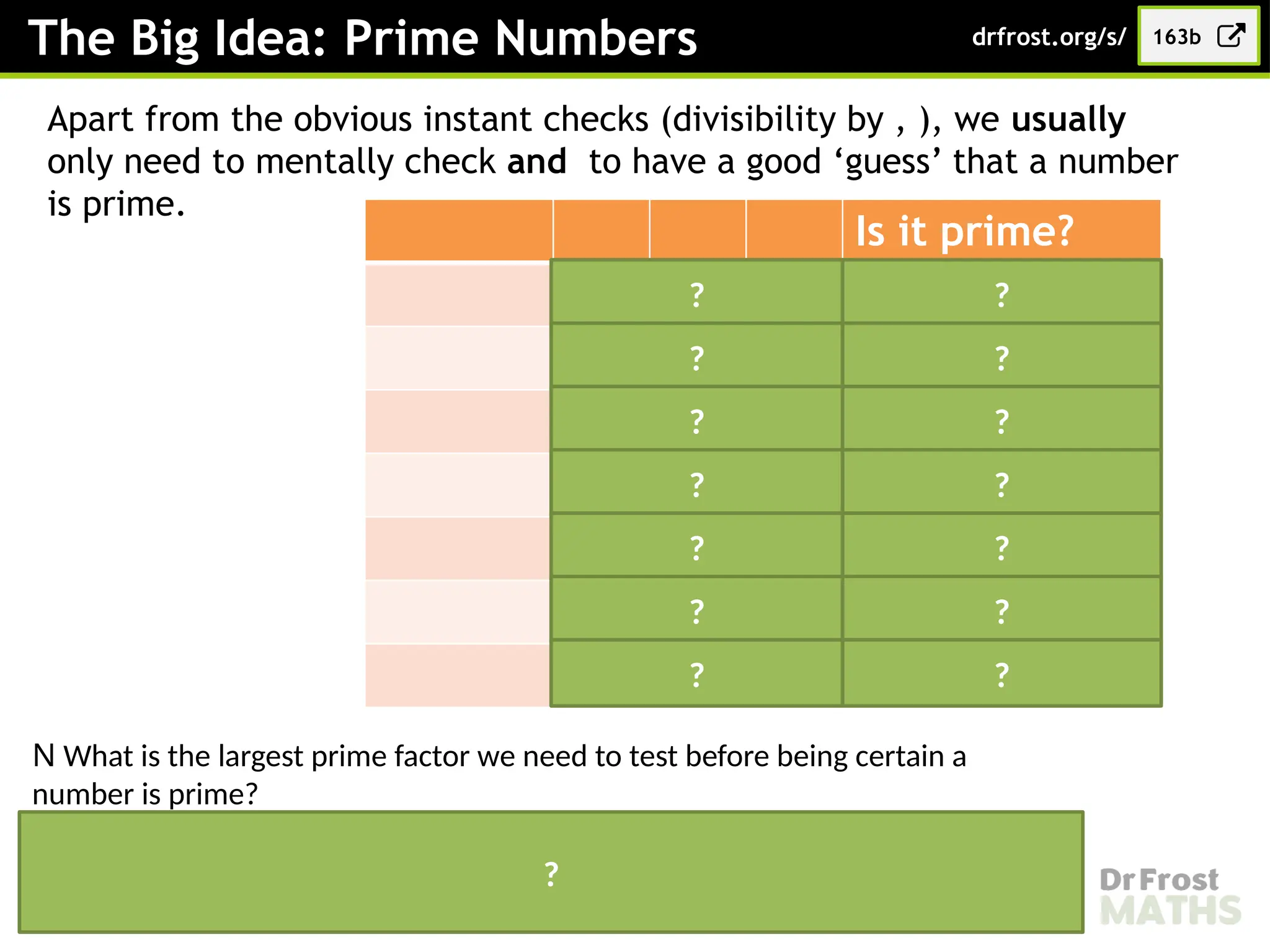 Apart from the obvious instant checks (divisibility by , ), we usually
only need to mentally check and to have a good ‘guess’ that a number
is prime.
Is it prime?
 No
Yes
 No
Yes
 No
Yes
No! ()
N What is the largest prime factor we need to test before being certain a
number is prime?
We can use the square root of the number we are testing; for example so we
would need to check up to 14. All composite numbers have a factor (other than
1) up to the square root.
? ?
The Big Idea: Prime Numbers
? ?
? ?
? ?
? ?
? ?
? ?
?
163b
drfrost.org/s/
 