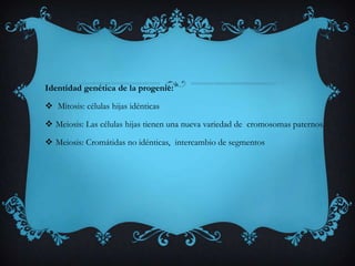 Identidad genética de la progenie:
 Mitosis: células hijas idénticas
 Meiosis: Las células hijas tienen una nueva variedad de cromosomas paternos.
 Meiosis: Cromátidas no idénticas, intercambio de segmentos

 