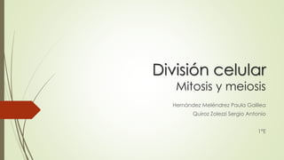 División celular 
Mitosis y meiosis 
Hernández Meléndrez Paula Galilea 
Quiroz Zolezzi Sergio Antonio 
1°E 
 