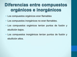 • Los compuestos orgánicos eran flamables
• Los compuestos inorgánicos no eran flamables.
• Los compuestos orgánicos tenían puntos de fusión y
ebullición bajos.
• Los compuestos inorgánicos tenían puntos de fusión y
ebullición altos.
 