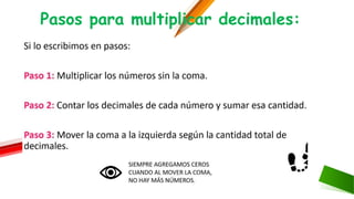 Pasos para multiplicar decimales:
 