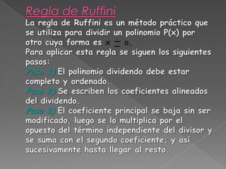 División de polinomios. Ruffini y Teorema del Resto | PPTX