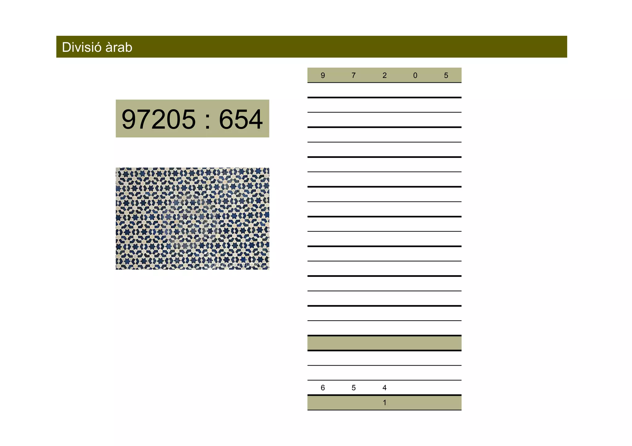 Divisió àrab
                        9   7   2   0   5




          97205 : 654




                        6   5   4
                                1
 