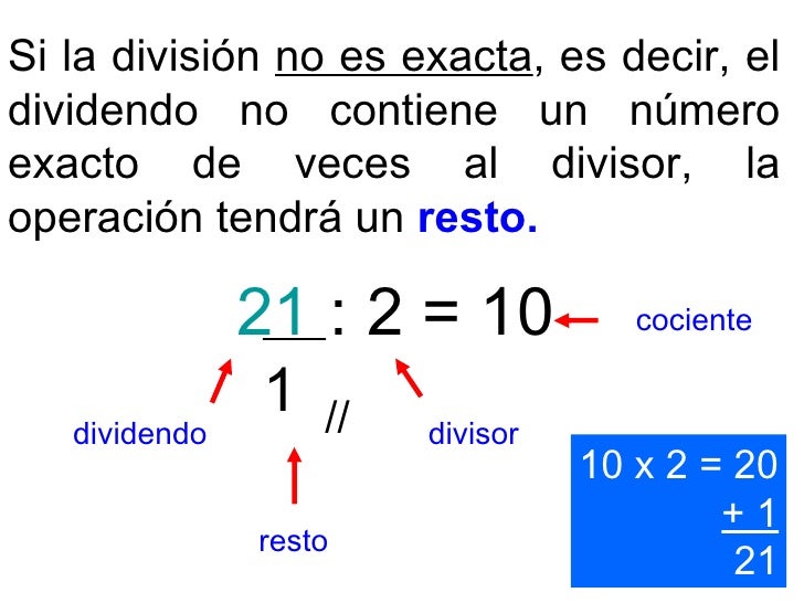 Si la divisiÃ³n  no es exacta , es decir, el dividendo no contiene un nÃºmero exacto de veces al divisor, la operaciÃ³n tendr...