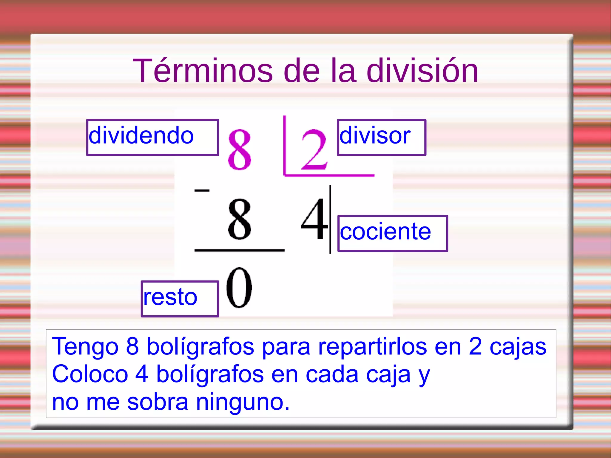 Términos de la división dividendo resto cociente divisor Tengo 8 bolígrafos para repartirlos en 2 cajas Coloco 4 bolígrafos en cada caja y no me sobra ninguno.