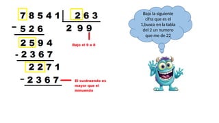 Bajo la siguiente
cifra que es el
1,busco en la tabla
del 2 un numero
que me de 22
 