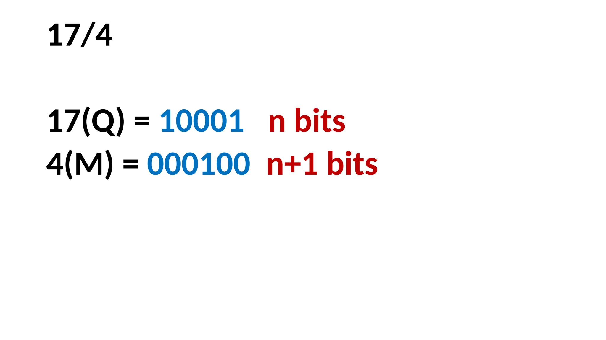 17/4
17(Q) = 10001 n bits
4(M) = 000100 n+1 bits