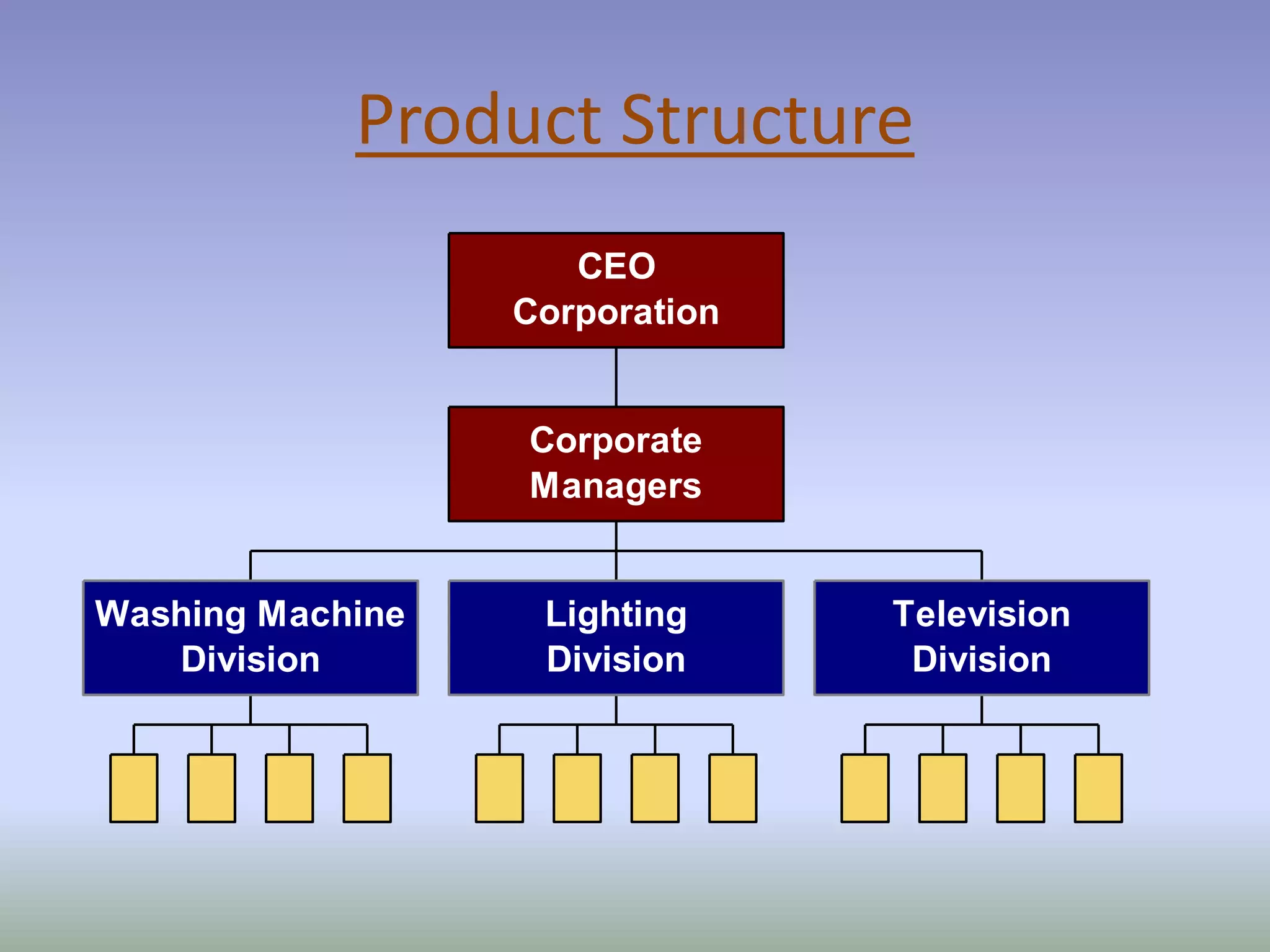 Product Structure 
Washing Machine 
Division 
CEO 
Corporation 
Lighting 
Division 
Television 
Division 
Corporate 
Managers 
 