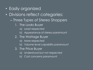• Easily organized
• Divisions reflect categories:
  – Three Types of Stereo Shoppers
     1. The Looks Buyer
        a) Least respected
        b) Appearance of stereo paramount
     2. The Wattage Buyer
        a) More respected
        b) Volume level capability paramount
     3. The Price Buyer
        a) Understood but not respected
        b) Cost concerns paramount
 