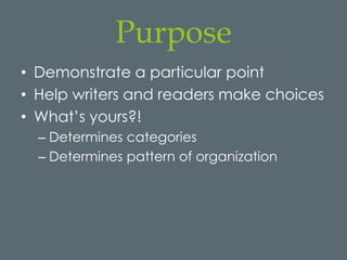 Purpose
• Demonstrate a particular point
• Help writers and readers make choices
• What’s yours?!
  – Determines categories
  – Determines pattern of organization
 