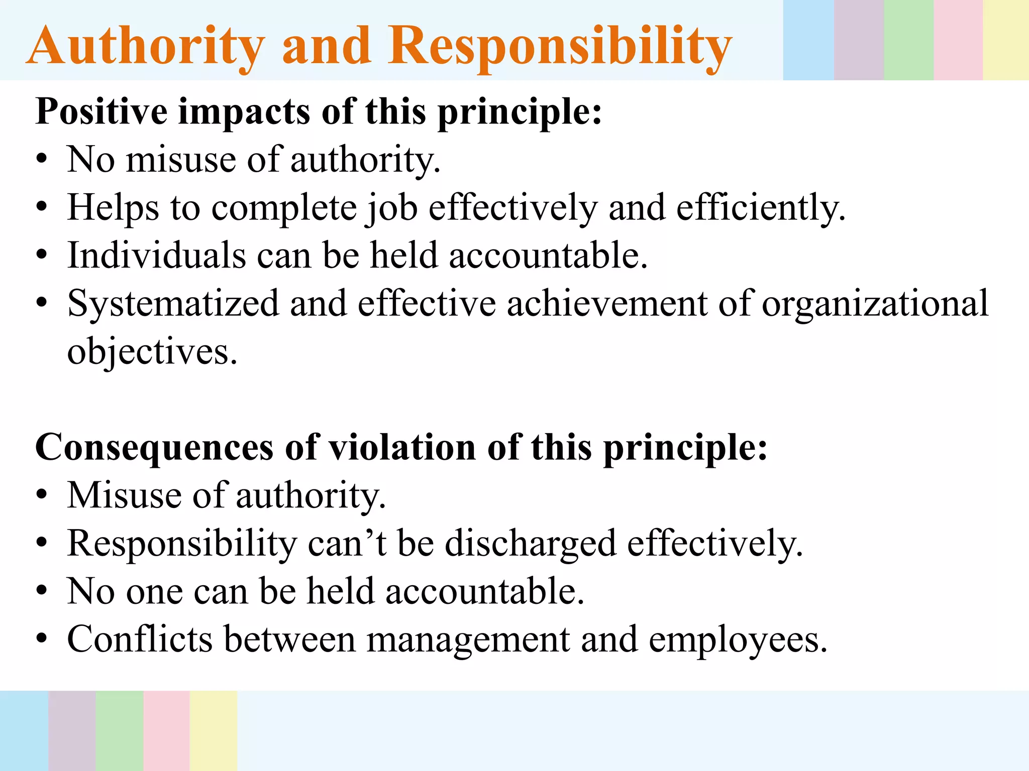 Positive impacts of this principle:
• No misuse of authority.
• Helps to complete job effectively and efficiently.
• Individuals can be held accountable.
• Systematized and effective achievement of organizational
objectives.
Consequences of violation of this principle:
• Misuse of authority.
• Responsibility can’t be discharged effectively.
• No one can be held accountable.
• Conflicts between management and employees.
Authority and Responsibility
 