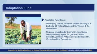 Adaptation Fund Grant:
• Developing climate resilience project for Antigua &
Barbuda, St. Kitts & Nevis, and St. Vincent & the
Grenadines.
• Regional project under the Fund’s new Global
Locally-led Aggregator Programme: Belize,
Grenada, Jamaica, Antigua and Barbuda and St.
Vincent and the Grenadines.
Strategies for Building Resilience to Climate Change and Disasters in the Caribbean | ANNUAL NEWS CONFERENCE 2025
Adaptation Fund
 
