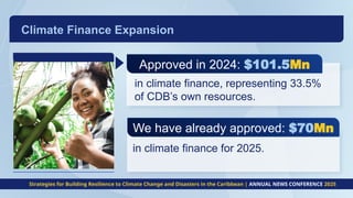 We have already approved: $70Mn
in climate finance for 2025.
Climate Finance Expansion
Strategies for Building Resilience to Climate Change and Disasters in the Caribbean | ANNUAL NEWS CONFERENCE 2025
Approved in 2024: $101.5Mn
in climate finance, representing 33.5%
of CDB’s own resources.
 