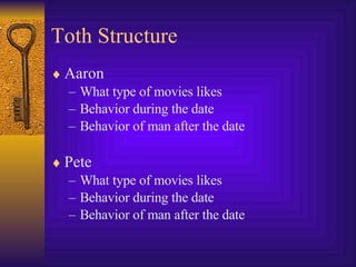 Toth Structure Aaron What type of movies likes Behavior during the date Behavior of man after the date Pete What type of movies likes Behavior during the date Behavior of man after the date 