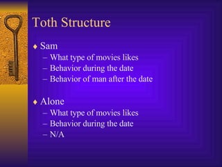 Toth Structure Sam What type of movies likes Behavior during the date Behavior of man after the date Alone What type of movies likes Behavior during the date N/A 