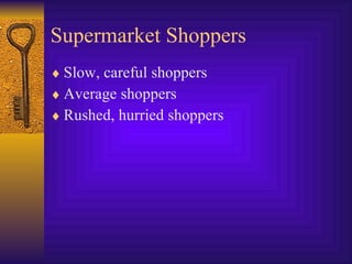 Supermarket Shoppers Slow, careful shoppers Average shoppers Rushed, hurried shoppers 