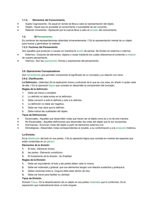 1.1.2.       Elementos del Conocimiento.
     Sujeto Cognoscente.- Es aquel en donde se lleva a cabo la representación del objeto.
     Objeto.- Aquel que es accesible al conocimiento o susceptible de ser conocido.
     Relación Inmanente.- Operación por la cual se lleva a cabo el proceso del conocimiento.

1.2.           El Pensamiento.
Es combinar las representaciones obtenidas inmanentemente. // Es la representación mental de un objeto
para buscar y generalizar la realidad.
1.2.3. Factores del Pensamiento
Son aquellos que producen o causan en nosotros la acción de pensar. Se dividen en externos o internos.
   Externos.- Conjunto de elementos, objetos o cosas mediante los cuales obtenemos el contenido o materia
de nuestro pensamiento.
   Internos.- Son las operaciones, formas y expresiones del pensamiento.

.
2.6. Operaciones Conceptuadoras
Son herramientas que permiten comprender el significado de un concepto y su relación con otros.
2.6.2. Clasificación.
La Definición.- (delimitar) Es la explicación breve y suficiente de lo que es una cosa, sin añadir ni quitar nada
de ella. // Es la operación lógica que consiste en desarrollar la comprensión del concepto.
Reglas de la definición:
1.       Debe ser breve y completa.
2.     Lo definido no debe entrar en la definición.
3.       Debe convenir a todo lo definido y solo a lo definido.
4.     La definición no debe ser negativa.
5.       Debe ser mas clara que lo definido.
6.       Debe indicar las cualidades del objeto.
Tipos de Definiciones:
     Escenciales.- Aquellas que desarrollan notas que hacen ser al objeto como es y no de otra manera.
     No Escenciales.- Aquellas definiciones que desarrollan las notas del objeto que le son accesorias.
     Extrínsecas.- Enuncian notas del objeto a partir de elementos externos a el.
     Etimológicas.- Desarrollan notas correspondientes al vocablo, a su conformación y a la evolución histórica.

La División.
Es la distribución del todo en sus partes. // Es la operación lógica que consiste en mostrar las especies que
están contenidas en un género.
Elementos de la división
1.       El todo.- Elemento divisor.
2.     las partes.- Elemento constitutivo.
3.       El fundamento de la división.- Su finalidad.
Reglas de la División
1.       Debe ser equivalente, el todo y las partes deben valer lo mismo.
2.       Debe ser ordenada y gradual, que sus elementos tengan una relación sustantiva y jerárquica.
3.       Deben excluirse entre si, ninguna debe estar dentro de otra.
4.       Debe ser breve para facilitar su claridad.
Tipos de División
División Física.- Es la desarticulación de un objeto en sus partes materiales que lo conforman. Es la
separación que materialmente tiene un ente singular.
 
