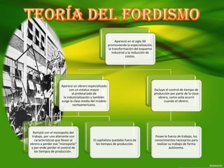 Apareció en el siglo XX
promoviendo la especialización,
la transformación del esquema
industrial y la reducción de
costos.
Aparece un obrero especializado
con un estatus mayor
al proletariado de
la industrialización y también
surge la clase media del modelo
norteamericano.
Rompió con el monopolio del
trabajo, por uno alienante con
características que llevan al
obrero a perder ese "monopolio"
y por ende perder el control de
los tiempos de producción.
El capitalista quedaba fuera de
los tiempos de producción.
Excluye el control de tiempo de
producción por parte de la clase
obrera, como solía ocurrir
cuando el obrero.
Posee la fuerza de trabajo, los
conocimientos necesarios para
realizar su trabajo de forma
autónoma.
 