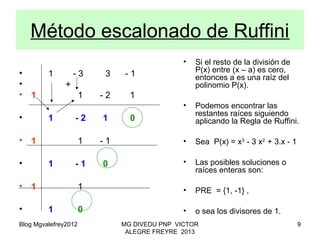 Blog Mgvalefrey2012 MG DIVEDU PNP VICTOR
ALEGRE FREYRE 2013
9
Método escalonado de Ruffini
• 1 - 3 3 - 1
• +
• 1 1 - 2 1
• 1 - 2 1 0
• 1 1 - 1
• 1 - 1 0
• 1 1
• 1 0
• Si el resto de la división de
P(x) entre (x – a) es cero,
entonces a es una raíz del
polinomio P(x).
• Podemos encontrar las
restantes raíces siguiendo
aplicando la Regla de Ruffini.
• Sea P(x) = x3
- 3 x2
+ 3.x - 1
• Las posibles soluciones o
raíces enteras son:
• PRE = {1, -1} ,
• o sea los divisores de 1.
 