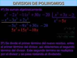 DIVISION DE POLINOMIOSDIVISION DE POLINOMIOS
3
2x−4
x 2
11x− x30+ 20− 2
x x3+ 2−
4º) Se suman algebraicamente.
5º) Se divide el primer término del nuevo residuo, entre
el primer término del divisor, así obtenemos el segundo
término del divisor. Este segundo término se multiplica
por el divisor y se pasa restando al dividendo.
2
x
234
23 xxx +−−
203095 23
−+−− xxx
x5−
xxx
x
xx
10155
5
23
23
2
+−−
−×
−+
xxx 10155 23
−+
 