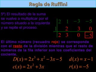 Regla de RuffiniRegla de Ruffini
5º) El resultado de la suma
se vuelve a multiplicar por el
número situado a la izquierda
y se repite el proceso.
2 1 3− 5−
1
2
2
3
3
0
0
5−
El último número (recuadro rojo) se corresponde
con el resto de la división mientras que el resto de
números de la fila inferior son los coeficientes del
cociente.
xxxc 32)( 2
+= 5)( −=xr
532)( 23
−−+= xxxxD 1)( −= xxd
 