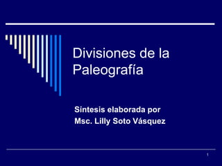 Divisiones de la
Paleografía

Síntesis elaborada por
Msc. Lilly Soto Vásquez



                          1
 