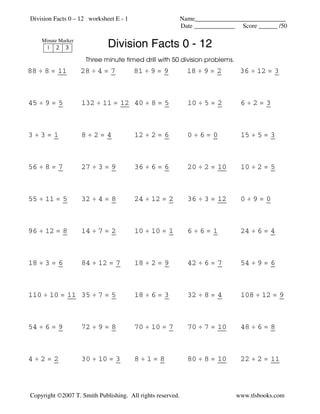 division fluency drill math facts