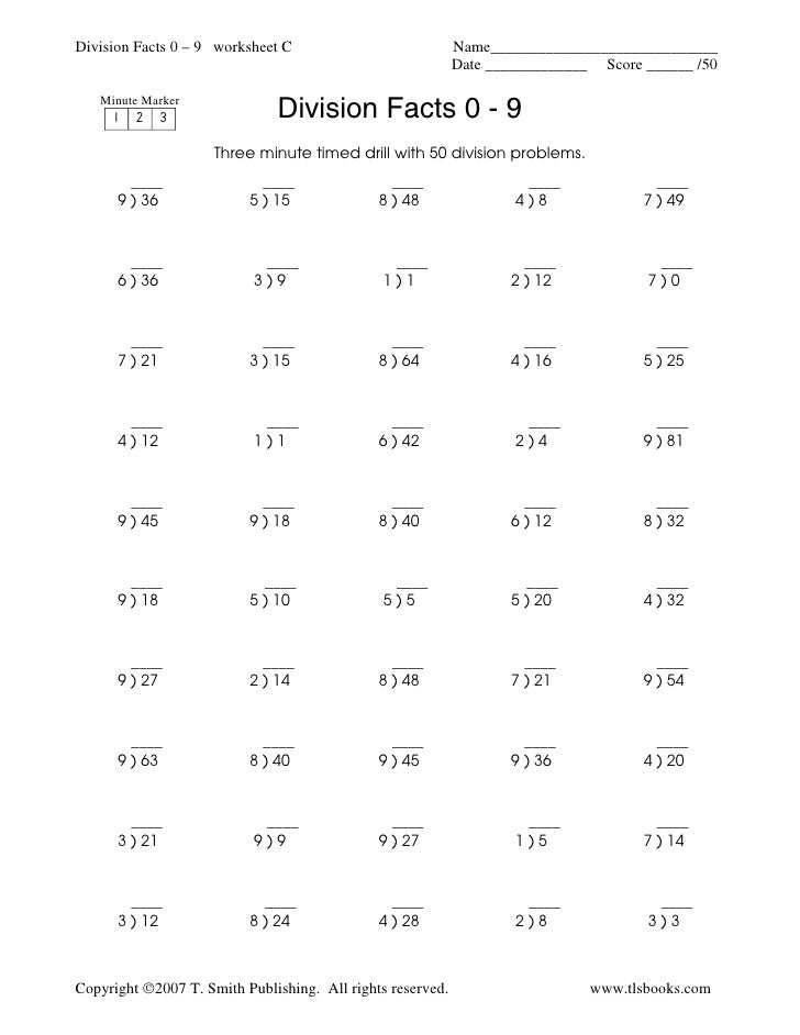 Division Fluency Drill Math Facts