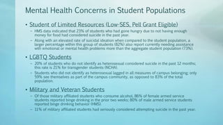 Mental Health Concerns in Student Populations
• Student of Limited Resources (Low-SES, Pell Grant Eligible)
– HMS data indicated that 23% of students who had gone hungry due to not having enough
money for food had considered suicide in the past year.
– Along with an elevated rate of suicidal ideation when compared to the student population, a
larger percentage within this group of students (82%) also report currently needing assistance
with emotional or mental health problems more than the aggregate student population (73%).
• LGBTQ Students
– 20% of students who do not identify as heterosexual considered suicide in the past 12 months;
this rate is 21% for transgender students (NCHA).
– Students who did not identify as heterosexual lagged in all measures of campus belonging; only
59% see themselves as part of the campus community, as opposed to 83% of the total
population.
• Military and Veteran Students
– Of those military affiliated students who consume alcohol, 86% of female armed service
students reported binge drinking in the prior two weeks; 80% of male armed service students
reported binge drinking behavior (HMS).
– 11% of military affiliated students had seriously considered attempting suicide in the past year.
 