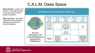 C.A.L.M. Oasis Space
Open Practice – patrons can
practice in the space silently
or use ear buds to listen to
guided meditations.
Open Learning – structured
mindfulness and meditation
offerings coordinated by
trained facilitators.
 