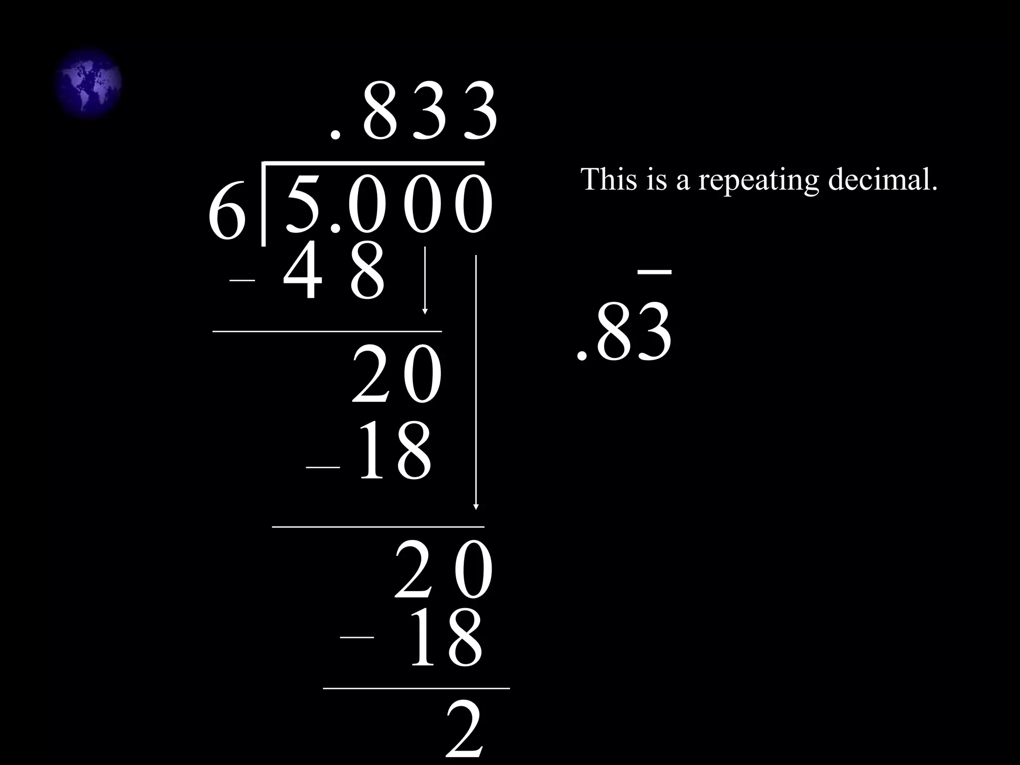 56 .0
.8
4 8
2
0
0
3
18
2
0
0
3
18
2
This is a repeating decimal.
.83
 