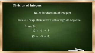 Division of Integers
Rules for division of integers
Rule 3. The quotient of two unlike signs is negative.
Example:
-12 ÷ 4 = -3
15 ÷ -3 = -5
 