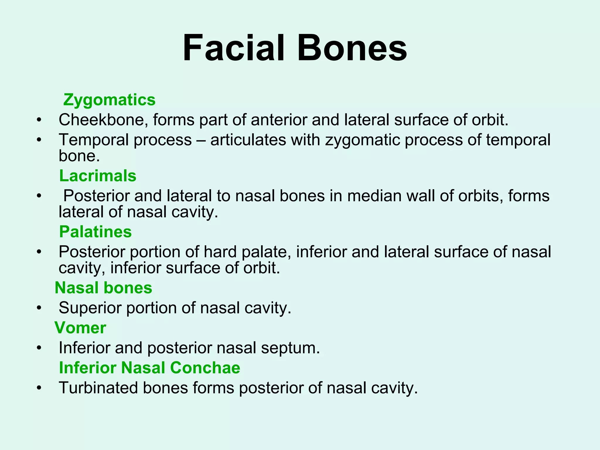 Facial Bones
Zygomatics
• Cheekbone, forms part of anterior and lateral surface of orbit.
• Temporal process – articulates with zygomatic process of temporal
bone.
Lacrimals
• Posterior and lateral to nasal bones in median wall of orbits, forms
lateral of nasal cavity.
Palatines
• Posterior portion of hard palate, inferior and lateral surface of nasal
cavity, inferior surface of orbit.
Nasal bones
• Superior portion of nasal cavity.
Vomer
• Inferior and posterior nasal septum.
Inferior Nasal Conchae
• Turbinated bones forms posterior of nasal cavity.
 