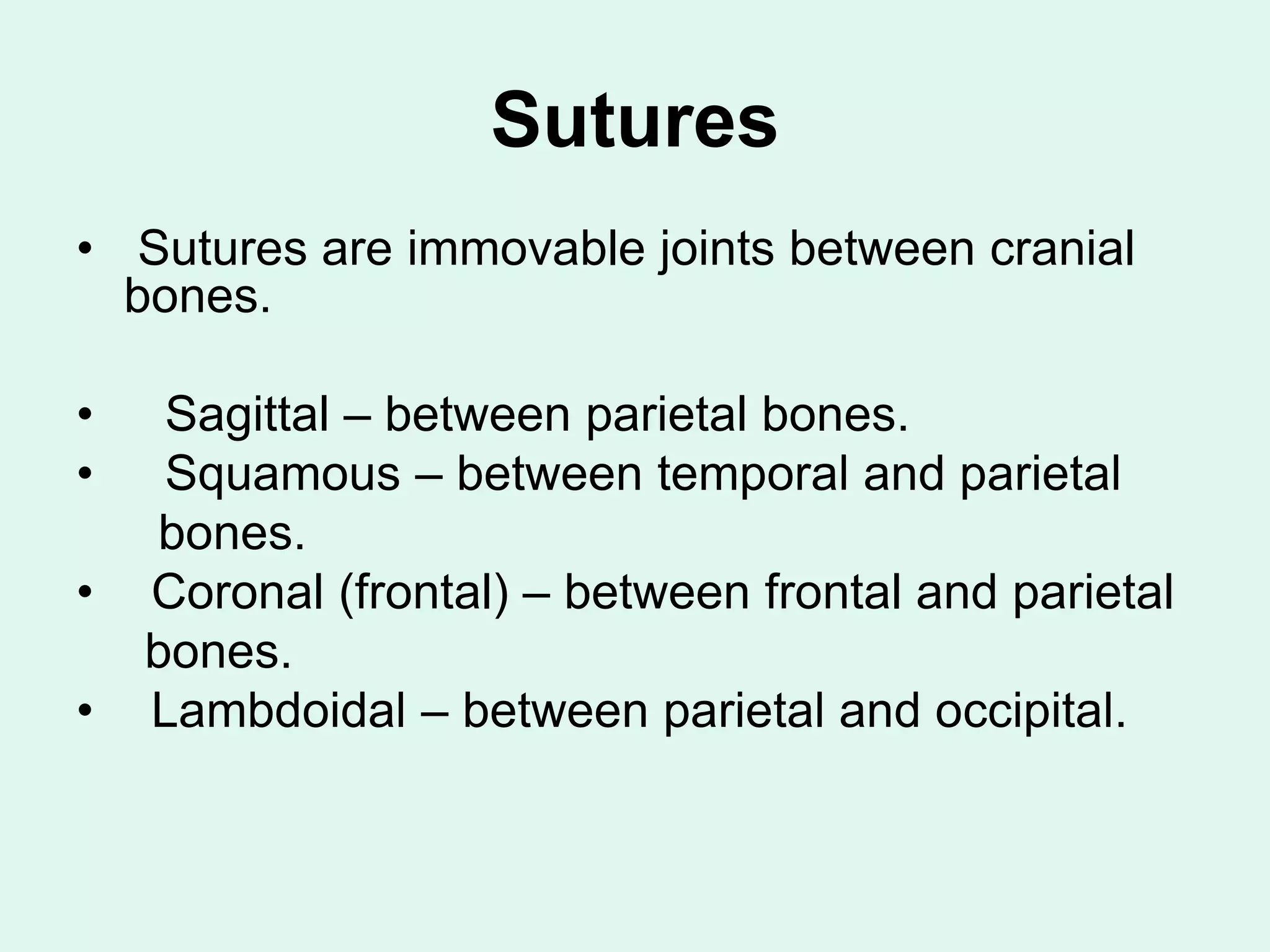 Sutures
• Sutures are immovable joints between cranial
bones.
• Sagittal – between parietal bones.
• Squamous – between temporal and parietal
bones.
• Coronal (frontal) – between frontal and parietal
bones.
• Lambdoidal – between parietal and occipital.
 
