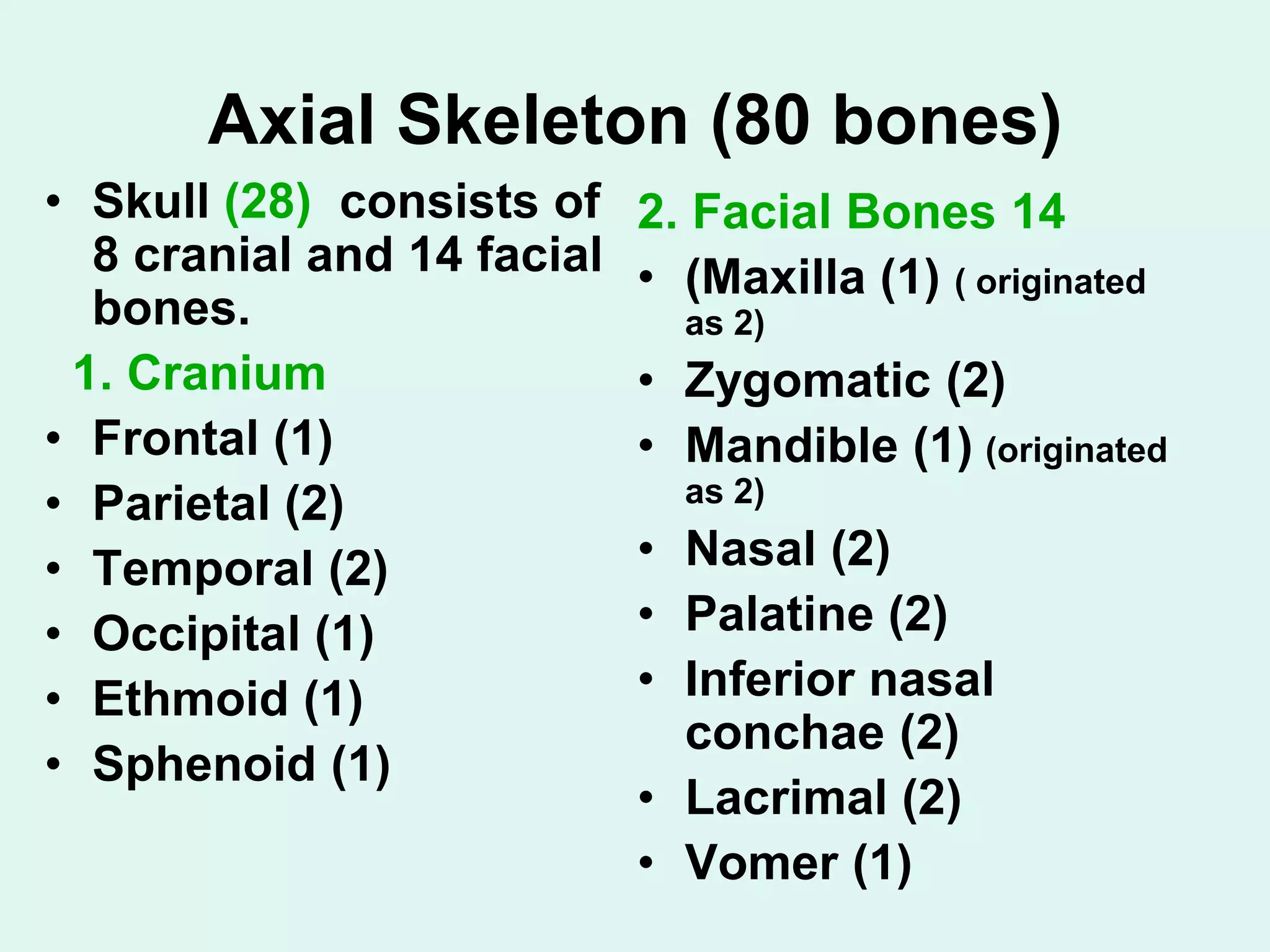 Axial Skeleton (80 bones)
• Skull (28) consists of
8 cranial and 14 facial
bones.
1. Cranium
• Frontal (1)
• Parietal (2)
• Temporal (2)
• Occipital (1)
• Ethmoid (1)
• Sphenoid (1)
2. Facial Bones 14
• (Maxilla (1) ( originated
as 2)
• Zygomatic (2)
• Mandible (1) (originated
as 2)
• Nasal (2)
• Palatine (2)
• Inferior nasal
conchae (2)
• Lacrimal (2)
• Vomer (1)
 